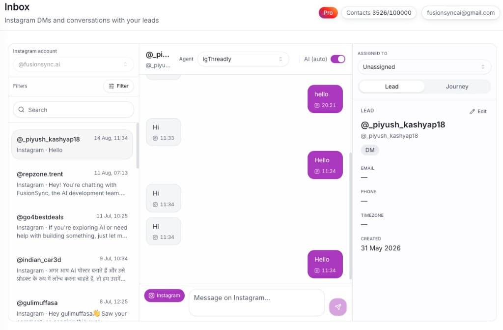 IgThreadly inbox — Instagram DMs with AI auto-reply and lead sidebar